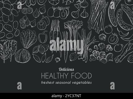 Tafel-Gemüsebanner mit handgezeichneter Lebensmittelillustration. Designvorlage für Lebensmittelmenüs. Vektor-Illustration der Draufsicht von Lebensmitteln. Gesunde Ernährung. Handzeichnung Stock Vektor