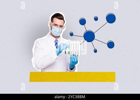 Composite Photo Collage von ernsthaften Mediziner halten Flaschenproben covid-Präventionsversuch Forschung isoliert auf gemaltem Hintergrund Stockfoto