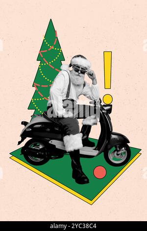 Composite Trend-Kunstwerk Skizze Bild Collage von Happy Christmas Neujahr Feiertag Dekor Alter Mann Bart Stil santa claus Sit Lieferung Moped Stockfoto