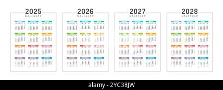 Buntes USA-Kalenderset, Planer für das Jahr 2025 2026 2027 2028, weißer Hintergrund englischer Sprache Stock Vektor