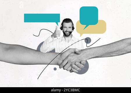 Zusammengesetzte Fotocollage von Happy man Manager Show Like Success Deal Handshake Gesten Dispatcher Helpline isoliert auf gemaltem Hintergrund Stockfoto