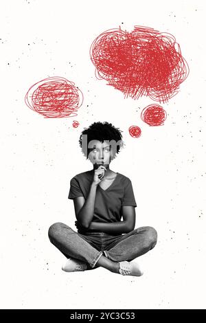 Composite Trend Artwork Skizze Bild Foto Collage von Copyspace zeichnen Mess Linie Doodle junge Dame sitzen nachdenklich Gesicht Geist Wolke denken Stockfoto