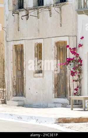 Rustikales Haus mit roten Bougainvillea-Blumen, die die Mauer auf der griechischen Insel Kastellorizo oder Meis hochklettern. Griechenland, Europa Stockfoto