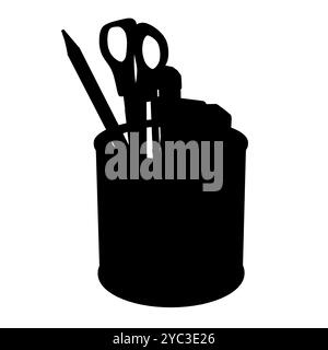 Bürobedarf Silhouette. Bleistift mit Schreibtischstift, Schere, Bleistifte auf weißem Hintergrund. Schule, Bürobedarf. Vektorabbildung Stock Vektor