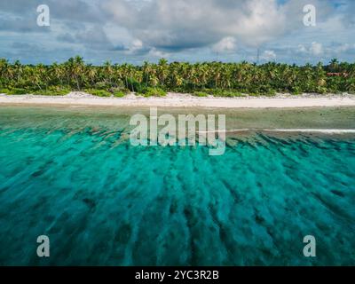 Tropische Küste der Malediven mit Strand, Palmen und klarem Meer. Stockfoto