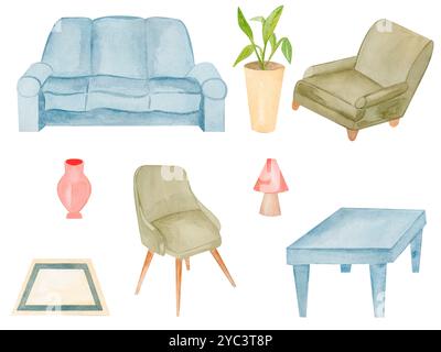 Wohnzimmerset in Aquarellfarben mit Stuhl, Tisch, Sofa, Lampe und Blume für Wohnaccessoires. Stockfoto