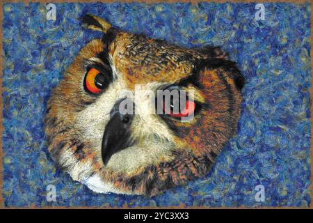 Digitales Nahaufnahme des Kopfes, des Gesichts und der hypnotischen Bernsteinaugen einer eurasischen Uhu (Bubo bubo) Stockfoto