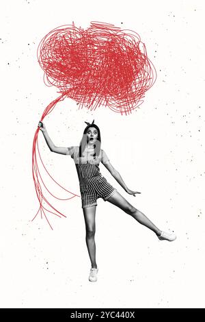 Composite Trend Artwork Skizze Bild Foto Collage von Copyspace zeichnen Mess Linie Doodle Seil Steuerung junge Dame omg Gesicht Pinup Frisur Stockfoto