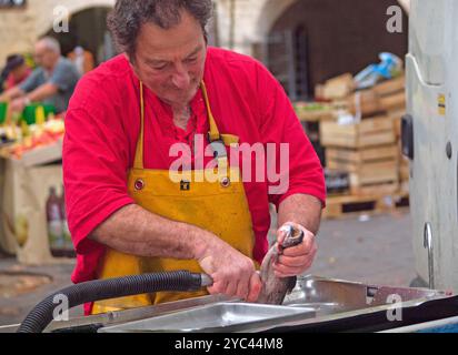 Der Markt für frische Lebensmittel in Uzes, Südfrankreich Stockfoto