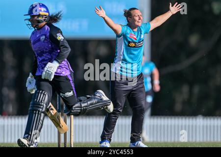 Sydney, Australien. Oktober 2024. Nicola Hancock von Brisbane Heat bittet um einen Auslauf während des T20 Spring Challenge Final Matches zwischen Brisbane Heat und Hobart Hurricanes in Cricket Central. Hobart Hurricanes gewann die erste Ausgabe der T20 Spring Challenge, ein neues inländisches Cricket-Turnier für Frauen im australischen Cricket, indem er Brisbane Heat im letzten Ball des Spiels mit 5 Wickets besiegte. Brisbane Hitze: 133/9, Hobart Hurricanes: 134/5. Quelle: SOPA Images Limited/Alamy Live News Stockfoto