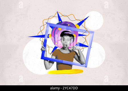 Composite Trend Artwork Skizze Foto Collage der jungen Frau omg Gesicht geschüttelter Handgriff Rahmen Zeichnen Bild abstrakte Farbe Kreis Figur Stockfoto