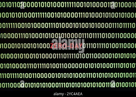 ZERO-DAY-Text- und Binärcode-Konzept vom Desktop-Computer aus, ZERO-DAY-Sicherheitskonzept, ZERO-Day-Sicherheitslücke ist ein Fehler in der Software Stockfoto