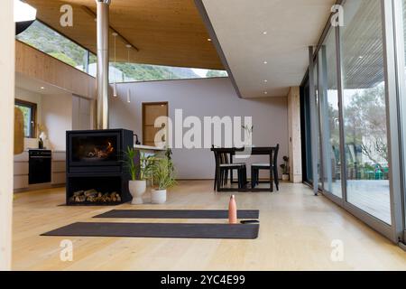 Modernes Wohnzimmer mit Yogamatten, gemütlichem Kamin und großen Fenstern, zu Hause Stockfoto