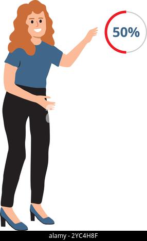 Braune Frau mit einer Hand, die auf ein 50% Rabatt-Zeichen auf weißem Hintergrund zeigt Stock Vektor