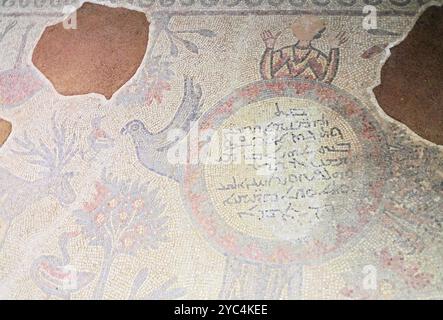 Haleplibahce Mosaik Museum, Sanliurfa, Süd, Ost, Türkei zeigt syrische Schrift in einem Kreis umgeben von Symbolen der vier Apostel. Stockfoto