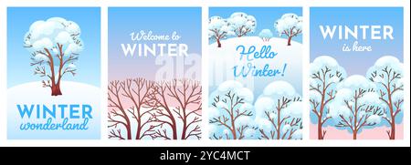 Schneekarten im Winter. Gefrorene Waldbäume, Banner für die kalte Jahreszeit, Schneetreiben auf Zweigen, Neujahr und weihnachtsfeiertage, weihnachtsplakate Stock Vektor