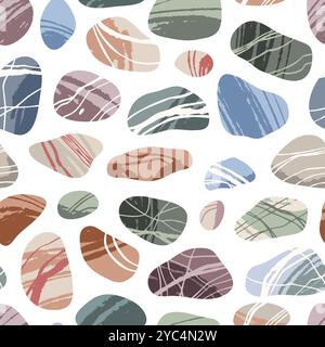 Nahtloses Muster mit Meereskieseln. Glatte, wassergewalzte Steine, abgerundete Form, verschiedene Texturen, minimalistisches Design. Dekor aus Textil, Geschenkpapier Stock Vektor