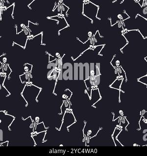 Cartoon skeletons dance seamless pattern. Halloween scary character in different poses, day of dead spooky mascot. Decor textile, wrapping, wallpaper Stock Vektor