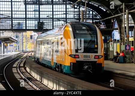 Eisenbahnverkehr am Bahnhof Berlin-Friedrichstraße. RegionalExpress Zug der ODEG, RE1 Ziel Brandenburg HBF. DEU, Deutschland, Berlin, 20.10.2024 *** Bahnverkehr am Bahnhof Berlin Friedrichstraße Regionalexpress der ODEG, RE1 Richtung Brandenburg HBF DEU, Deutschland, Berlin, 20 10 2024 Stockfoto