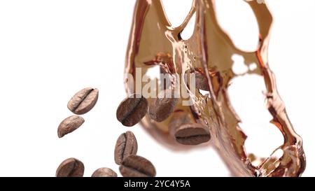 Kaffeebohnen, die fallen, spritzen, Mockup, Tiefenfeld Stockfoto