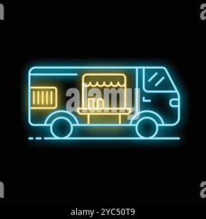 Leuchtendes Neonschild mit einem Food Truck, der Speisen und Getränke zum Mitnehmen anbietet Stock Vektor
