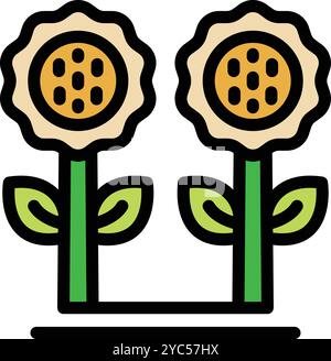 Einfaches Symbol von zwei Sonnenblumen, die unter einer Sommersonne wachsen Stock Vektor