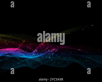 Abstrakte wellenförmige Linien, die dynamisch in bunten Spektrumfarben auf schwarzem Hintergrund fließend sind, für das Konzept der modernen, technologischen, digitalen, Kommunikation Stockfoto