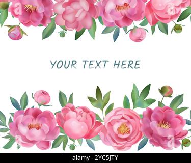 Aquarellblume Hintergrund. Rahmen mit Blumenrand, Blatt und Ast in Aquarellfarben. Rosa Blüte mit grünen Blättern. Banner- oder Postervorlage. Hochzeitseinladung. Botanisches Vektordesign Stock Vektor