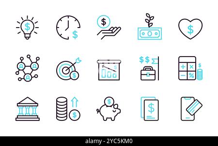 Tauschen Sie Symbole aus. Börsenmarkt. Anleihewert oder Wirtschaftserlöse. Geldvermögen-Portfolio. Kapital oder Dividende. Einsparungen bei der Finanzierung. Einkommenswachstum. Bankinvestitionen. Bargeld in US-Dollar. Vektorpiktogramme festgelegt Stock Vektor