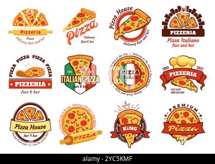 Pizza-Logo. Italienisches Fastfood-Logo. Etikett für Café und Restaurant. Köstliche Lieferung. Abzeichen und Etikett. Küchendruck. Pizzeria-Menü. Pepperoni Vektor Cartoon flache Art isolierte Illustration Stock Vektor