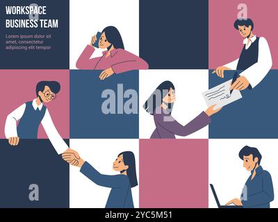 Kreative Charaktere. Menschen-Community. Bürokolloge Teamarbeit. Kommunikation am Arbeitsplatz. Geschäftspersonenteam. Arbeitstechnik. Support-Assistent. Partnerschaft mit Geschäftsleuten. Vektorflaches Bannerdesign Stock Vektor