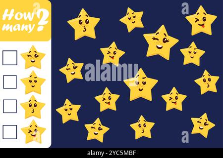 Wie viele Sterne. Arbeitsblatt für Vorschulkinder. Test der Arbeitsmappe. Mathematische Zählung. Sortiertest. Logikspiel für Kinder. Identisches Emoji wird gesucht. Lustige Emoticons. Sternenklare Gesichter. Pädagogisches Vektor-Puzzle-Design Stock Vektor