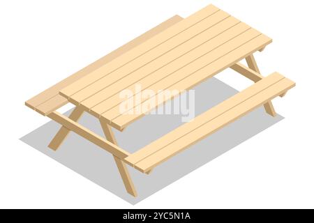 Isometrischer Picknicktisch aus Holz mit Bänken, Holzmöbel für grillabende im Freien, Gartenschreibtisch, neuer leerer Picknicktisch aus Holz isoliert auf weiß Stock Vektor