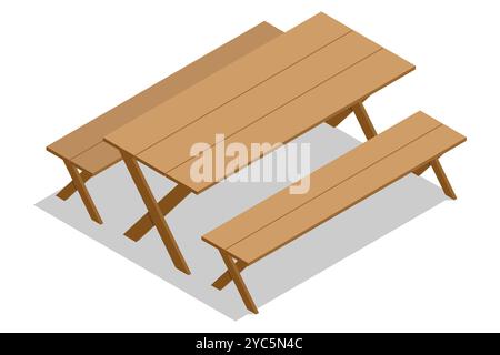 Isometrischer Picknicktisch aus Holz mit Bänken, Holzmöbel für grillabende im Freien, Gartenschreibtisch, neuer leerer Picknicktisch aus Holz isoliert auf weiß Stock Vektor