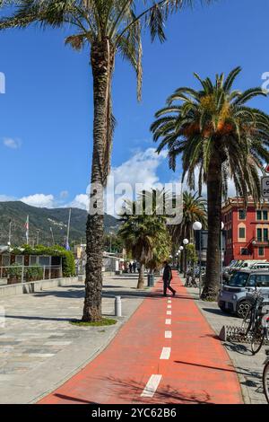 Der Radweg auf der palmengesäumten Promenade des alten Fischerdorfes an der italienischen Riviera von Levante, an einem sonnigen Frühlingstag, Sestri Levante, Genua Stockfoto