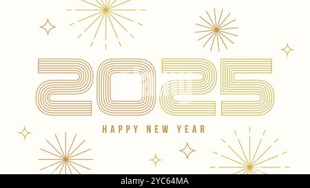 Happy New Year 2025 Banner. Moderne Typografie im Umrissdesign mit Feuerwerk und Starburst. Vektorabbildung Stock Vektor
