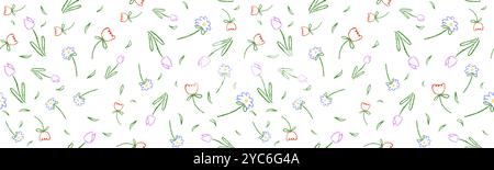 Farbenfrohes nahtloses Muster mit einfachen Blumen. Botanische Elemente mit Wachsstift auf Tafel aufblühen. Vektor-floraler Hintergrund für Kinder Stock Vektor