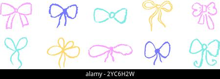 Set von Schleifen, die mit Pastellstift oder Holzkohlestift gezeichnet wurden. Bunte Kreideschleife Geschenkband Linie einfaches Element auf weißem Tafel Hintergrund. Wie gezeichnete Kinder Stock Vektor
