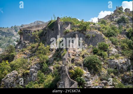 Landschaft mit alten Festungsmauern entlang des Berges in Kotor, Montenegro Stockfoto