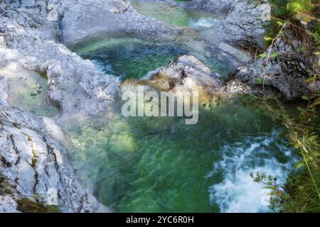 Cadini del Brenton, Dolomiten, Italien natürliche Becken aus transparentem und kristallklarem Wasser in Kalkfelsen, Nationalpark Dolomiti Bellunesi Stockfoto