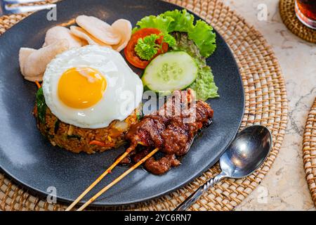 Ein Teller mit gebratenem Reis, garniert mit einem sonnigen Ei, serviert mit Gurkenscheiben, Salat und Garnelencrackern, dazu Satay-Spieße mit Pean Stockfoto