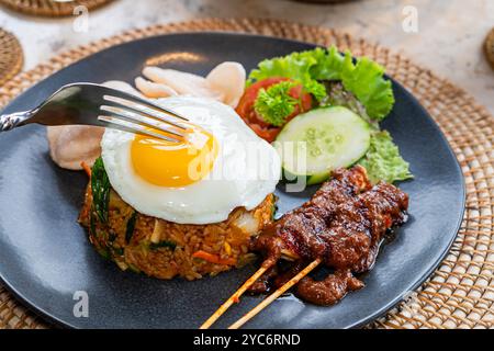 Ein Teller mit gebratenem Reis, garniert mit einem sonnigen Ei, serviert mit Gurkenscheiben, Salat und Garnelencrackern, dazu Satay-Spieße mit Pean Stockfoto