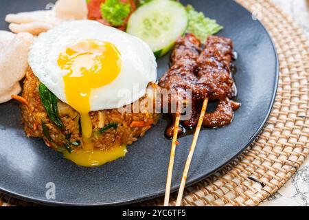 Ein Teller mit gebratenem Reis, garniert mit einem sonnigen Ei, begleitet von Satay-Spießen, Gurkenscheiben, Salat und Tomaten. Das Gericht wird auf einem bl serviert Stockfoto