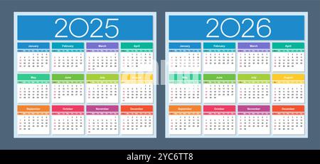 Farbenfroher Kalender für 2025 und 2026 Jahre. Die Woche beginnt am Sonntag. Isolierte Vektordarstellung. Stock Vektor