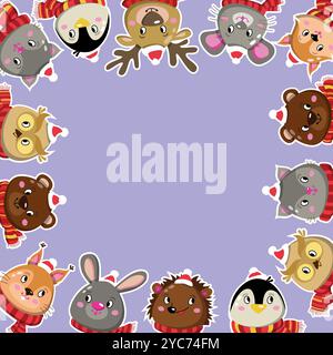 Kinder weihnachtsposter Tiere. Silvester-Rahmen mit den Charakteren Pinguin, Hase, Eule, Hirsch, Eichhörnchen und Maus. Vorlage für Ihr Design. Stock Vektor