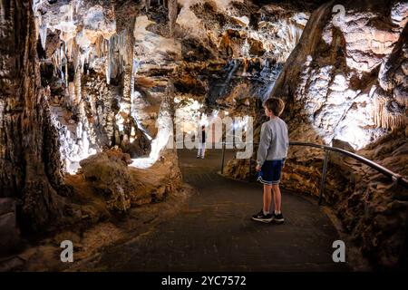 LURAY, Virginia, USA – das ausgedehnte Höhlensystem der Luray Caverns zeigt verschiedene Kalksteinformationen, die über Millionen von Jahren entstanden sind. Diese 1878 entdeckten Höhlen weisen dramatische Säulen, Stalaktiten, Stalagmiten, und Flowstone in ihren verbundenen Kammern. Die Höhlen stellen eines der meistbesuchten und gut erhaltenen Höhlensysteme im Osten der Vereinigten Staaten dar. Stockfoto