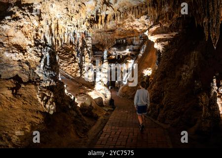 LURAY, Virginia, USA – das ausgedehnte Höhlensystem der Luray Caverns zeigt verschiedene Kalksteinformationen, die über Millionen von Jahren entstanden sind. Diese 1878 entdeckten Höhlen weisen dramatische Säulen, Stalaktiten, Stalagmiten, und Flowstone in ihren verbundenen Kammern. Die Höhlen stellen eines der meistbesuchten und gut erhaltenen Höhlensysteme im Osten der Vereinigten Staaten dar. Stockfoto