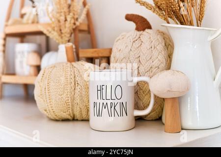 Dossenheim, Deutschland - 1. September 2024: Herbstdekor im Boho-Stil mit Rae Dunn-Tassen mit Text „Hallo Kürbis“, gestrickten Kürbissen und getrockneten Blumen Stockfoto