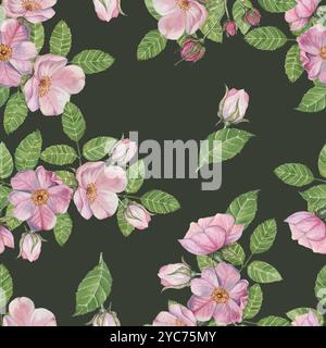 Blumen von Rosa Canina mit weichen grünen Blättern auf dunkelgrünem Hintergrund. Nahtloses Muster, Aquarellillustration. Clipart für Bekleidungsdesign, Geschenkverpackung oder als dekoratives Element in Heimtextilien Stockfoto