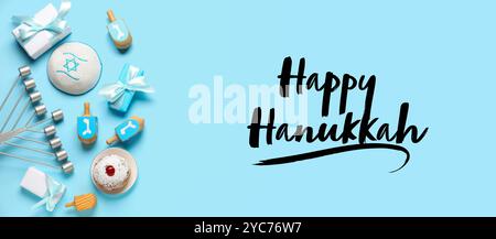 Grußbanner für Hanukkah mit Dreidels, Geschenkboxen, Kipa, Donut und Menora Stockfoto